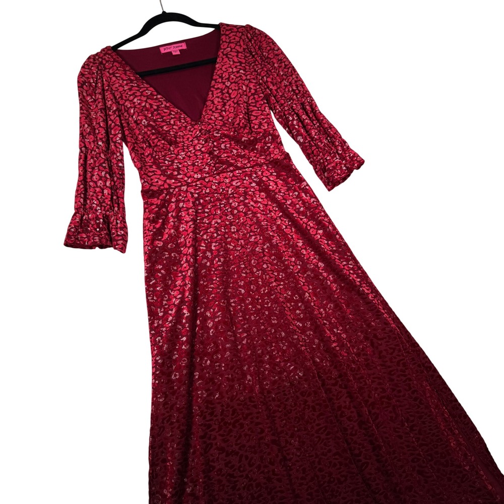 Betsey Johnson Red Leopard Velvet Burnout V-Neck Midi‎ Dress Small Ruffle Sleeve